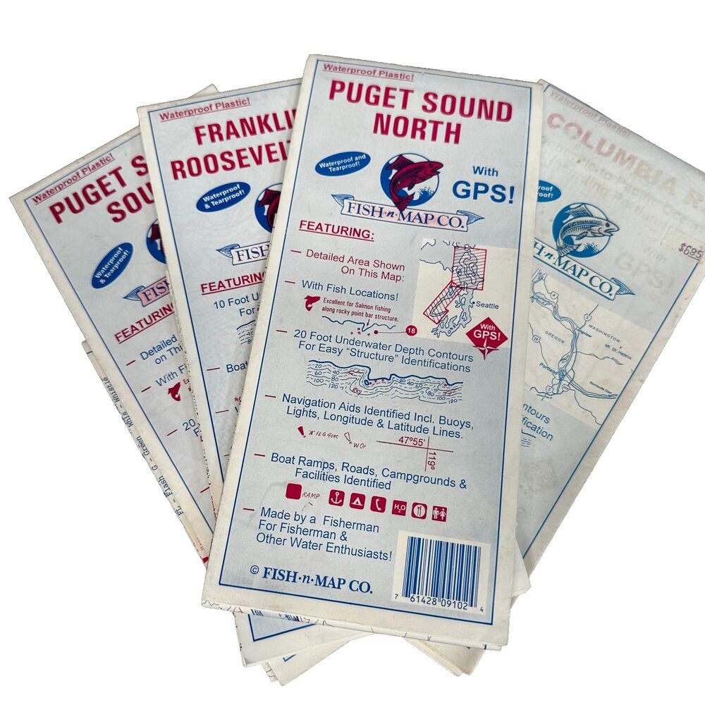 Fish n Map Co Set of 4 WA maps Puget Sound Roosevelt Columbia River Waterproof